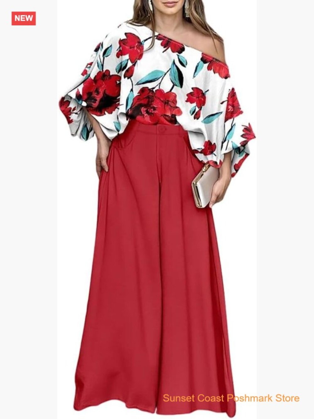 Off Shoulder Top Flowy Wide Leg Pants Set Vacation Travel Airport Outfits